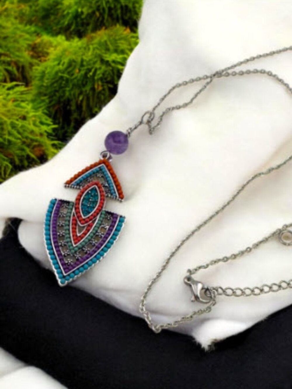 Southwestern Pendant Necklace Amethyst Gemstone Stainless Steel Chain